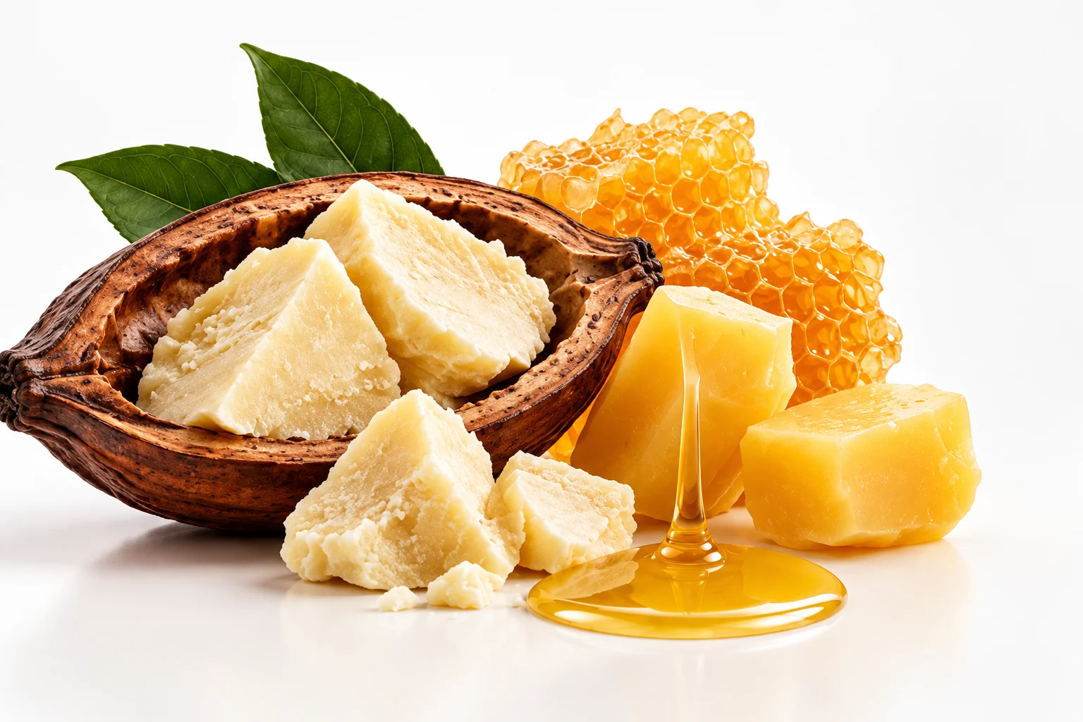 Chunks of cocoa butter in an open cacao pod, beeswax, honeycomb, and flowing honey with green leaves in the background.